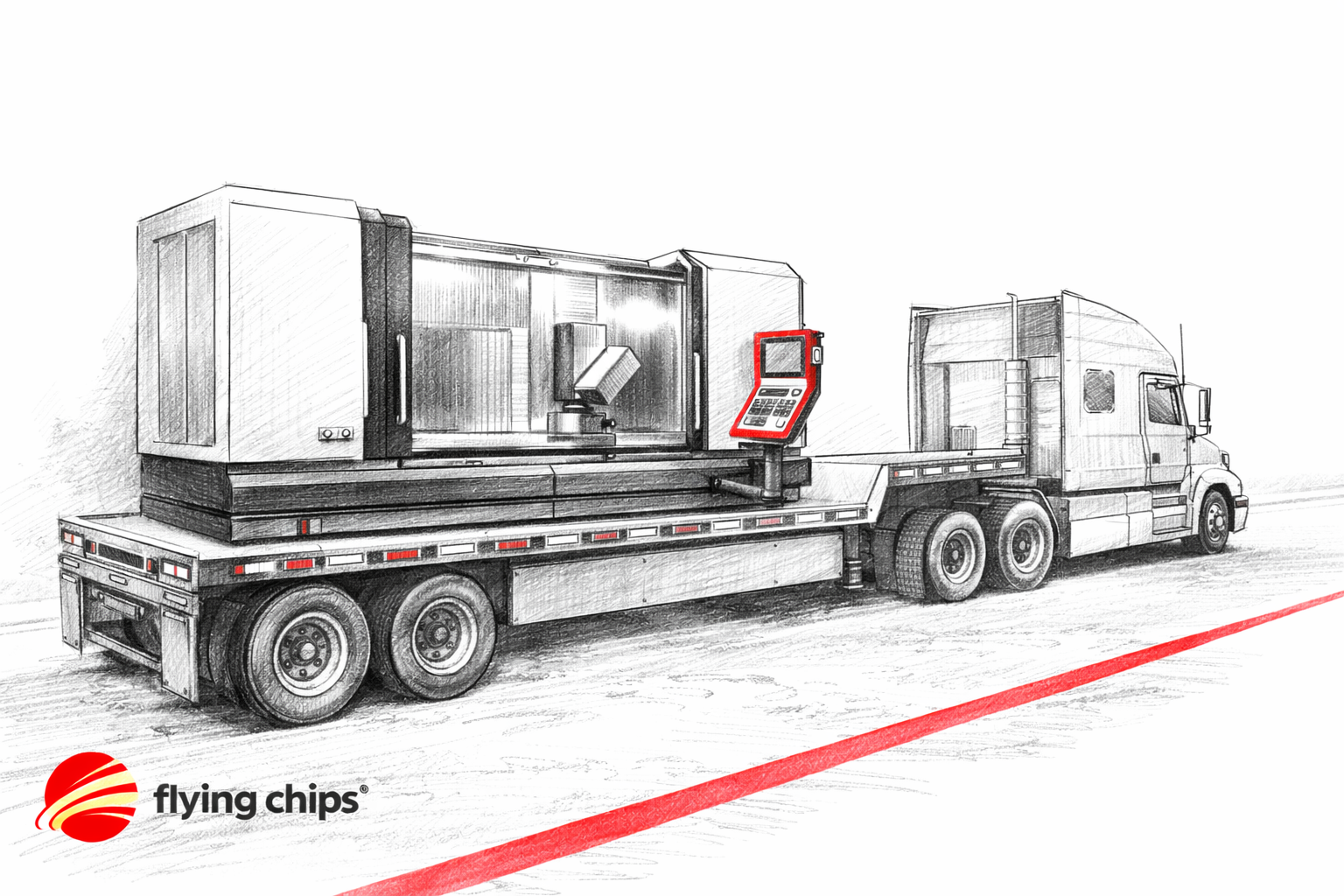 flying chips cnc machine on a truck delivery